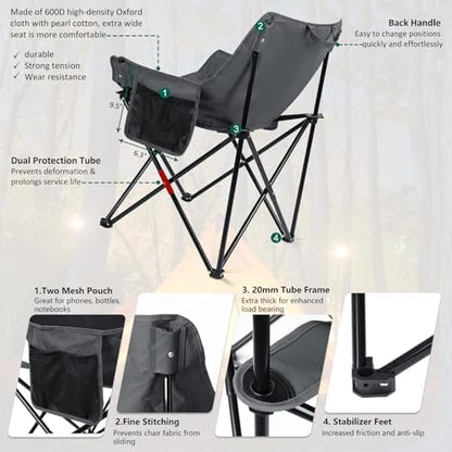 Leonyo Camping Chairs for Adults, 2 Pack Folding Lawn Chair & Table, Grey