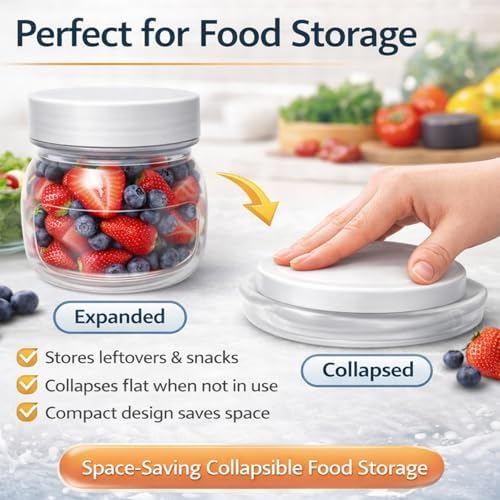 2 Pack Collapsible Silicone Jars, Compact Airtight Food Storage Containers with Lids, Ideal for Kitchen, Camping, and Travel, Clear, 412016-000
