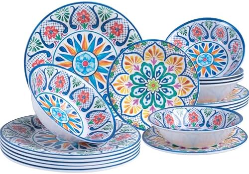 18 Pieces Melamine Dinnerware Sets, Service for 6, Paisley Kitchen Plates and Bowls Set, Unbreakable & Lightweight Dinnerware Set, Camping Dishs Indoor Outdoor Use, Spanish Floral Pattern