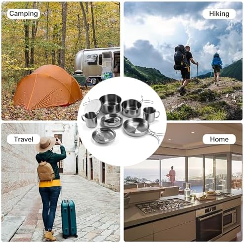 Stainless Steel Camping Cookware Mess Kit - Portable Backpacking Cooking Set with Pot/Plates/Cups & Storage Bag, Outdoor Cookware for Hiking, Picnic, Camping & Backpacking Adventures（8PCS）