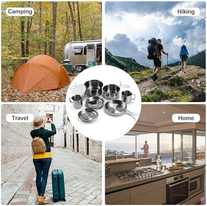 Stainless Steel Camping Cookware Mess Kit - Portable Backpacking Cooking Set with Pot/Plates/Cups & Storage Bag, Outdoor Cookware for Hiking, Picnic, Camping & Backpacking Adventures（8PCS）