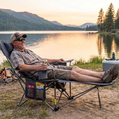 Romswi 2 Pack Reclining Camping Chairs with Removable Footrests, 4-Position Adjustable Lounge Chairs, 300 LBS Heavy Duty Folding Chairs with Cooler Bag, Cup Holder & Carry Bag, Grey