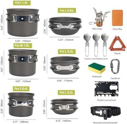 Camping Cookware Mess Kit, 17 pcs Backpacking Cooking Gear, Lightweight Camping Pots and Stove Set for 3 Person, Outdoor Cooking Gear Ideal for Camping, Hiking, Backpacking and Picnic