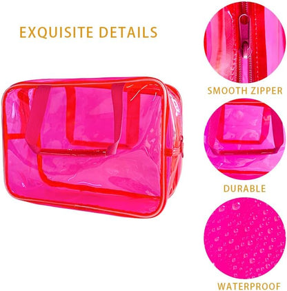 Clear Makeup Bag Travel Toiletry Artist Bag, Multifunction Waterproof Clear PVC Tote Handbag with Zipper, Hot Pink