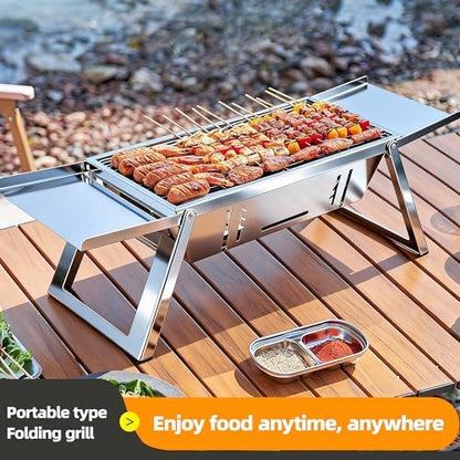 Portable Charcoal Grill 2-3 People Foldable Camping Grill for Outdoor Cooking, Small Charcoal Grill, Portable Fire Pit, Stainless Steel Mini Outdoor Grill for Camping, Picnic, Bonfire