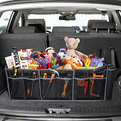 Collapsible Trunk Organizer with Insulated Leakproof Cooler Bag,Removable Lid,Adjustable Securing Straps,3 Compartments Trunk Organizer for SUV,Truck,Sedan(Grey & Black)