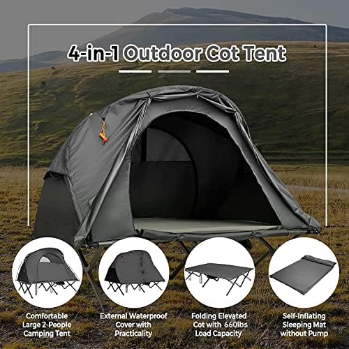 Tangkula 2-Person Tent Cot, 4-in-1 Folding Tent with Waterproof Rainfly, Self-Inflating Mattress & Roller Carrying Bag, Portable Off Ground Elevated Tent with Shoe Storage Pocket & Lamp Hook