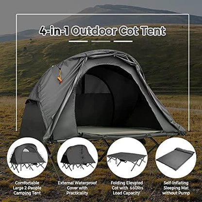 Tangkula 2-Person Tent Cot, 4-in-1 Folding Tent with Waterproof Rainfly, Self-Inflating Mattress & Roller Carrying Bag, Portable Off Ground Elevated Tent with Shoe Storage Pocket & Lamp Hook