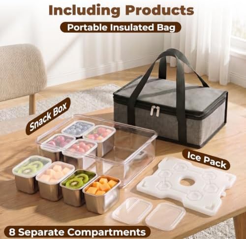 Homelove Snackle Box Container with Ice-Pack, Snack Container Divided Serving Tray with 8-Compartment Snack Platter, Lid and Handle, Food Organizer for Outdoor Travel Party Beach Picnic