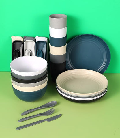28pcs Dinnerware Reusable Sets for 4 - Perfect for Picnic, Dorm,Camping Plates Cups and Bowls Set -Dark Grey
