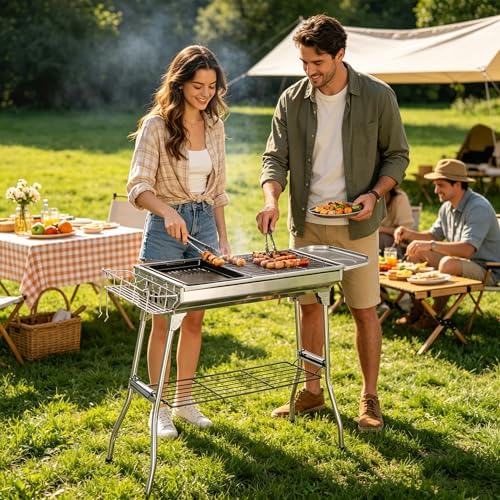 Portable Charcoal BBQ Grill, Foldable Smoker Tall Barbecue Grill Charcoal Outdoor Lightweight for Cooking Camping Hiking Picnics Tailgating Backpacking Garden Beach Party (39.3"L x 27.9"H)