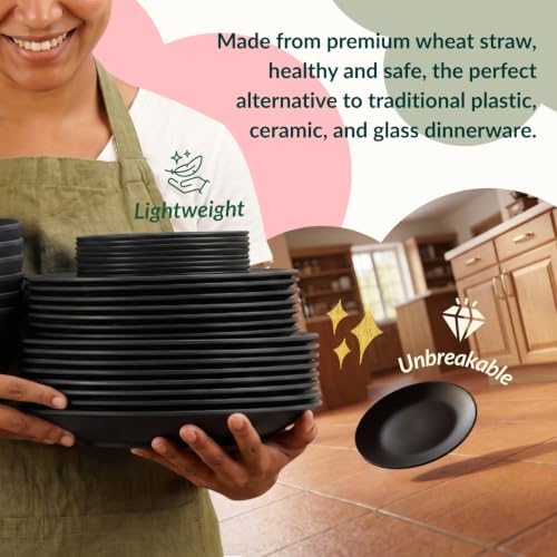 Homienly Wheat Straw Dinnerware Set,40-Piece Dish Set for 8, Dinner Plates, Dessert Plate, Cereal Bowls, Cups, Appetizer Plates,Reusable Dinner Plates Kids Plates and Bowls Sets,Black