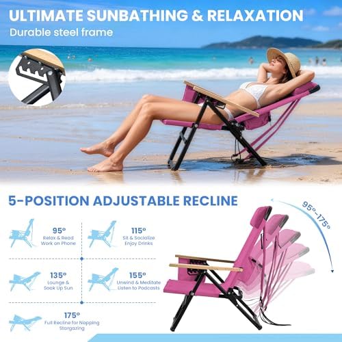 2 Pack Premium 5-Position Reclining Camping Chair - Portable Folding Lightweight Outdoor Chair with Wooden Armrests, Headrest & Pockets, 350lbs Heavy Duty for Beach, Patio, Backyard, Pink