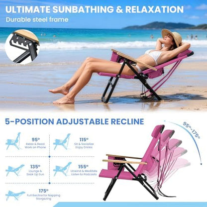 2 Pack Premium 5-Position Reclining Camping Chair - Portable Folding Lightweight Outdoor Chair with Wooden Armrests, Headrest & Pockets, 350lbs Heavy Duty for Beach, Patio, Backyard, Pink