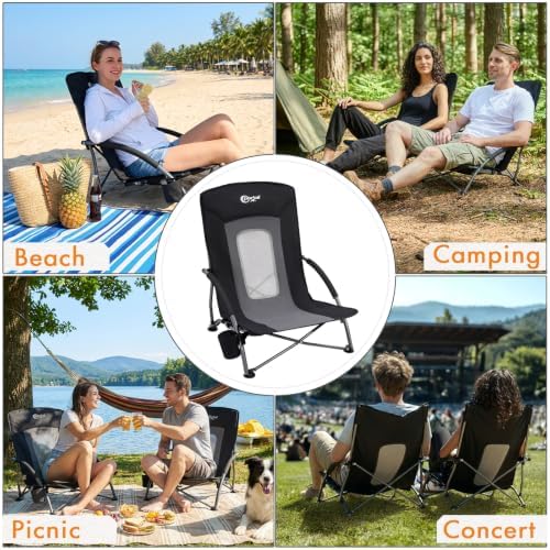 Portal Beach Chairs for Adults Camping Low Lightweight Portable Chair with Cup Holder Mesh Back Carry Bag for Outdoor Sand Lawn Travel Picnic Festival Concert