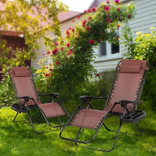 Nazhura Set of 2 Relaxing Recliners Patio Chairs Adjustable Steel Mesh Zero Gravity Lounge Chair Beach Chairs with Pillow and Cup Holder Khaki (Brown)