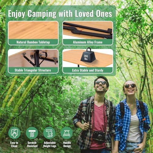 KingCamp Bamboo Folding Camping Table with Adjustable Legs