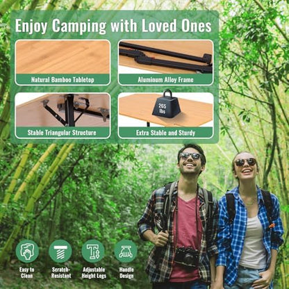 KingCamp Bamboo Folding Camping Table with Adjustable Legs