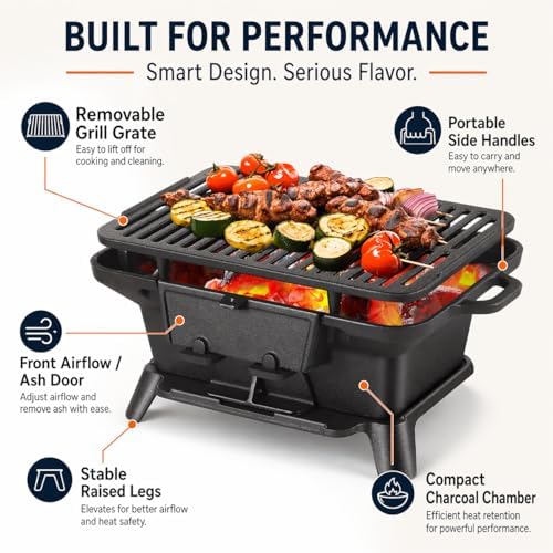 Hibachi Grill Outdoor, Portable Mini Charcoal Grill, Pre-Seasoned Cast Iron, Small Japanese Yakitori Tabletop Skillet Grill Stove for Outdoor Camping