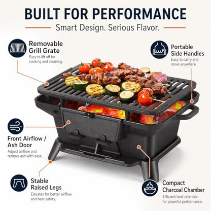 Hibachi Grill Outdoor, Portable Mini Charcoal Grill, Pre-Seasoned Cast Iron, Small Japanese Yakitori Tabletop Skillet Grill Stove for Outdoor Camping