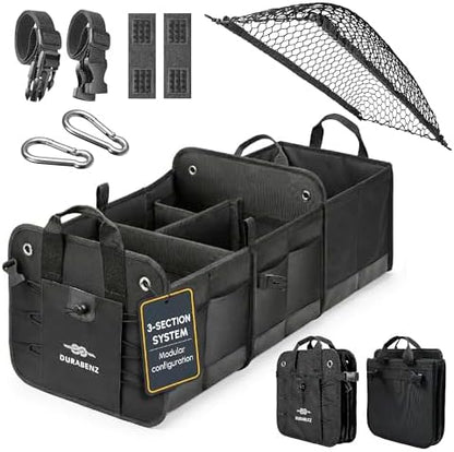 Large Car Trunk Organizer, Modular & Collapsible, 3 Compartment XL, Black