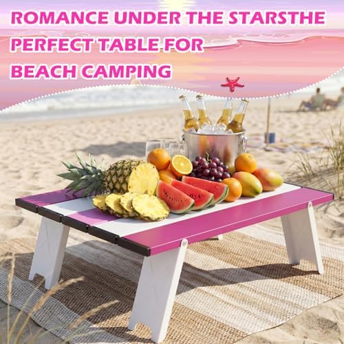 CroBlissful Beach Table Folding Camping Portable Table Striped White Aluminum Side with Carry Bag for Summer Camping Picnics and Outdoor Activities(16x11x5 in,Pink)