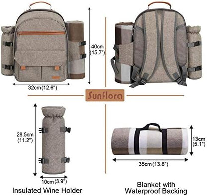 Sunflora Picnic Backpack for 4 Person Set Pack with Insulated Waterproof Pouch for Family Outdoor Camping (Brush Beige)