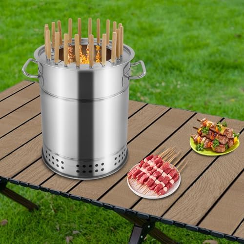 Large Portable Charcoal Grills, 2 in 1 Vertical Smoker, 360° Smokeless Stainless Steel BBQ Grill Barrel for Outdoor Barbecue, Camping, And Backyard Cooking (Mini-20 Skewers)