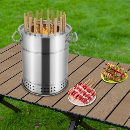 Large Portable Charcoal Grills, 2 in 1 Vertical Smoker, 360° Smokeless Stainless Steel BBQ Grill Barrel for Outdoor Barbecue, Camping, And Backyard Cooking (Mini-20 Skewers)