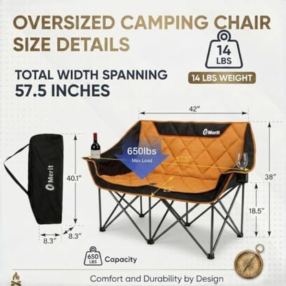 EMERIT Oversized Double Duo Camping Chair Folding Camping Loveseat 2 Person Camping Couch Heavy Duty Lawn Chairs for Outside with Padded Seats & Armrests-Support 650LBS
