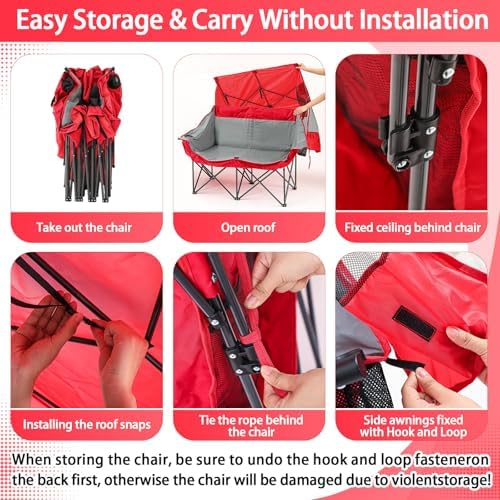 Teenyyou Double Camping Chair with Canopy 660lbs Heavy Duty, Red and Grey