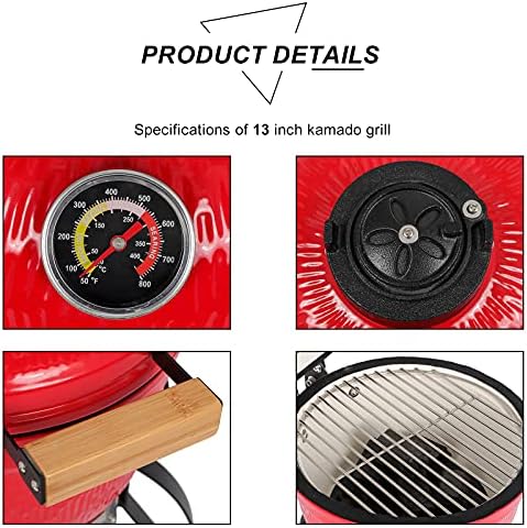 Outvita Ceramic Grill, 13" Round Kamado Charcoal with Thermometer, Red