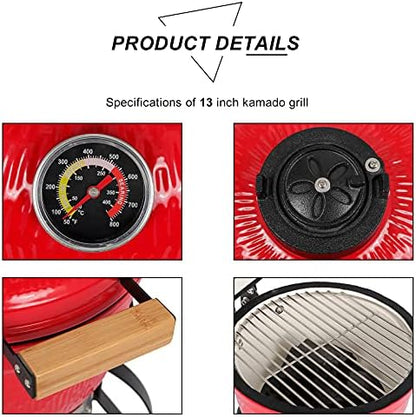 Outvita Ceramic Grill, 13" Round Kamado Charcoal with Thermometer, Red