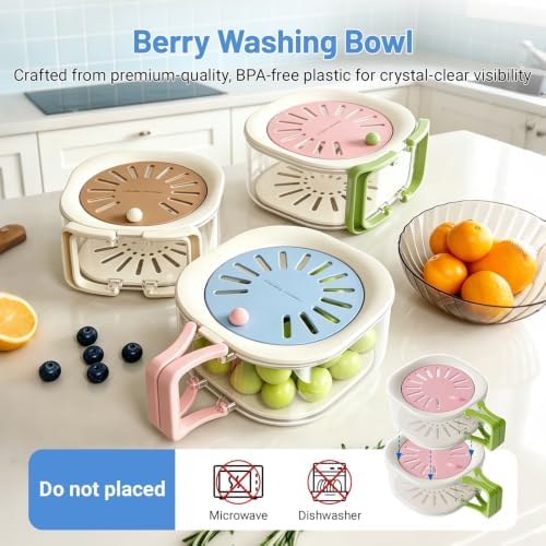 Berry Washing Bowl, Colander Strainer Fridge Organizer Storage Container with Switchable Lid, Fruit Veggie Wash Basket and Draining Bowl, Multifunctional Produce Washer for Kitchen Fridge