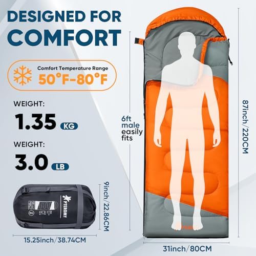 PTEROMY Sleeping Bags for Adults, Lightweight and Machine Washable, Water Resistant Backpacking Camping Sleeping Bag for Warm Cold Weather, Camping Essentials for Hiking Travel