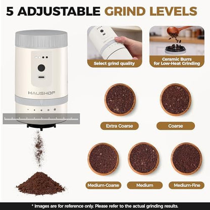 HAUSHOF Portable Coffee Maker for Travel, Rechargeable Electric Grinder