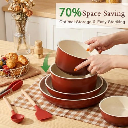 GIPP Pots and Pans Set Non Stick,Kitchen Cookware Set Detachable Handle, Non Toxic Cooking Pan Set with Frying Pans Set,RV Cookware Sets for All Stoves, Red Black Gradient, 21PCS