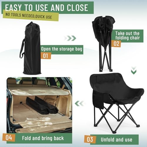 2 Pack Folding Camping Chairs Portable, Black, Solid Color