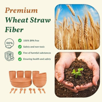 Wheat Straw Dinnerware Sets, Homienly 20pcs Unbreakable Microwave Dishwasher Safe Tableware Lightweight Bowls, Cups, Plates Set Reusable Dinner Plates Bowls set (Orange)