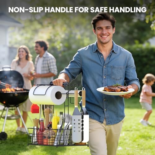 Grill Caddy for Outdoor Grill with 2 Paper Towel Holders,Barbecue Tool Sets Storage Organizer,BBQ Caddy for Outdoor Grill with 9 Compartments & 8 Hooks,Picnic Caddy Grilling Gifts for Men