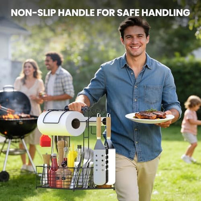 Grill Caddy for Outdoor Grill with 2 Paper Towel Holders,Barbecue Tool Sets Storage Organizer,BBQ Caddy for Outdoor Grill with 9 Compartments & 8 Hooks,Picnic Caddy Grilling Gifts for Men