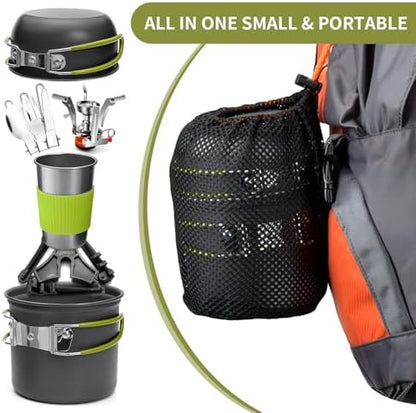 aiGear 8pcs Camping Cooking Set for 1-2 People with Pot Cutlery Stove Stand