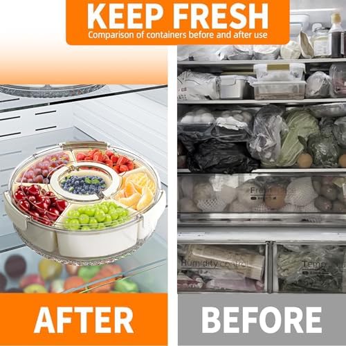 Divided Serving Tray with Lid and Handle, Portable Snackle Box Container for Fruits Snacks Charcuterie Organizer, Spinning Rounded Veggie Tray for Kitchen, Party, Travel and Picnic