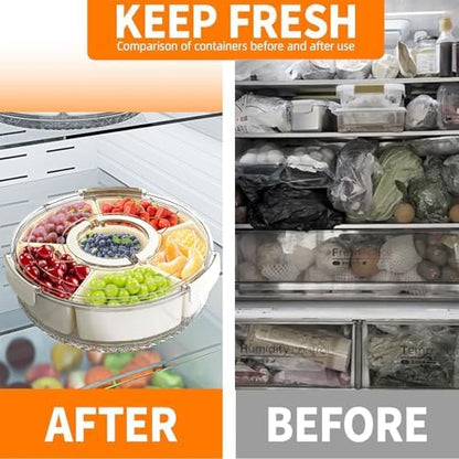 Divided Serving Tray with Lid and Handle, Portable Snackle Box Container for Fruits Snacks Charcuterie Organizer, Spinning Rounded Veggie Tray for Kitchen, Party, Travel and Picnic