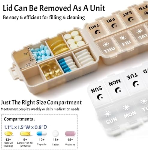 Foldable Portable 7 Day Pill Organizer 2 Times a Day, AM PM Weekly Pill Box