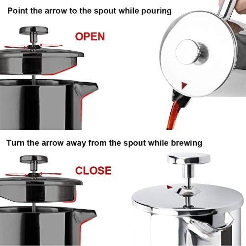 Secura French Press Coffee Maker, 304 Grade Stainless Steel Insulated Coffee Press with 2 Extra Screens, 12oz (0.35 Litre), Silver