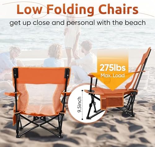 HaSteeL Low Beach Chairs, 2Pcs Folding Camping Lawn Chairs - Orange