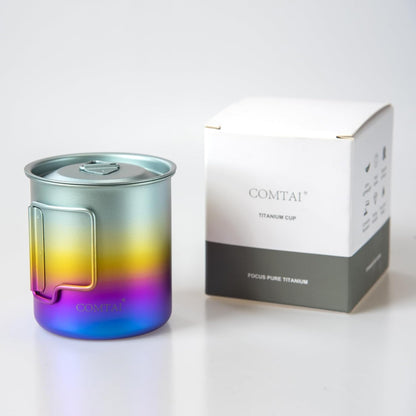 Titanium Camping Pot Mug 15oz (420ml) with Lid and Foldable Handle – Ultralight Camping Cup for Hiking, Backpacking, Outdoor Cooking, Rainbow