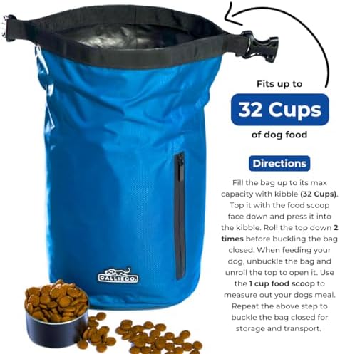 Callieco Dog Food Travel Bag w/ 1 Cup Scoop and Zipper Side Pocket | Waterproof Kibble Storage Container for Home, Road Trips, Camping, Boarding and More (Blue, 32 Cups)