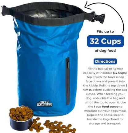 Callieco Dog Food Travel Bag w/ 1 Cup Scoop and Zipper Side Pocket | Waterproof Kibble Storage Container for Home, Road Trips, Camping, Boarding and More (Blue, 32 Cups)